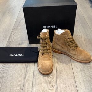 CHANEL suede calfskin lace up ankle boot dark beige